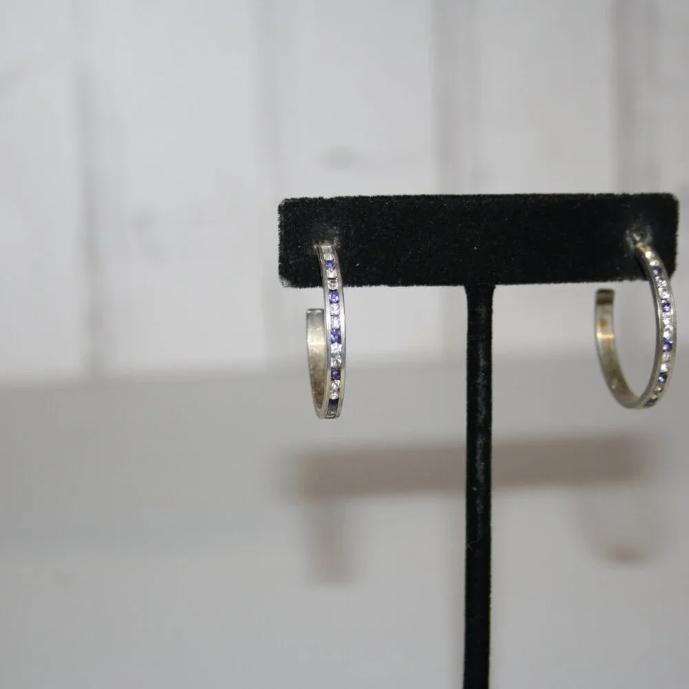 Beautiful silver hoop earrings with blue and white CZ's 1" - Picture 4 of 5